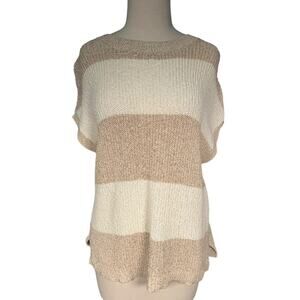 Pure Jill Cotton Knit Top Size Small Beige Cream Striped Short Sleeve Sweater